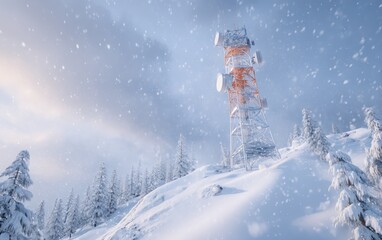 Fototapeta premium Communication tower on snowy mountain with winter forest and snowfall