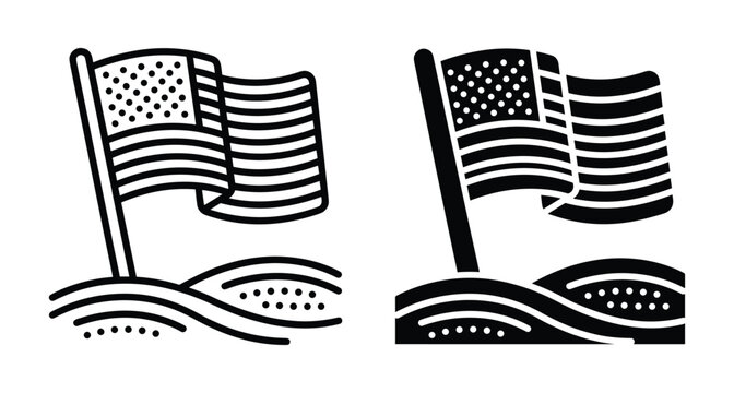 American flag icon set showing United States national banner waving on moon surface for space exploration and patriotic holiday celebration graphics