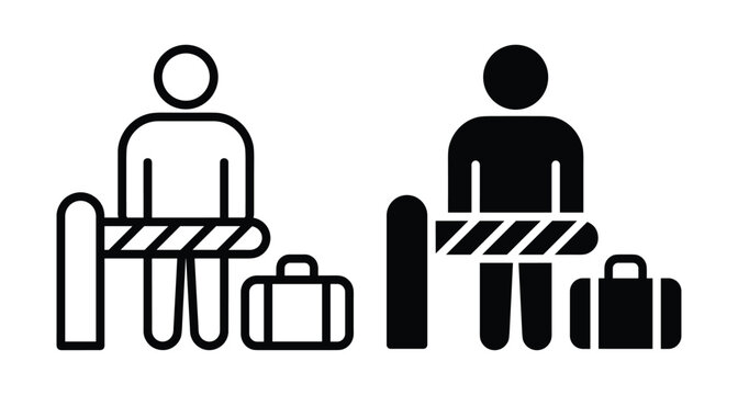 Border control icon set showing traveler with luggage standing behind security barrier gate for immigration customs and airport transit terminal