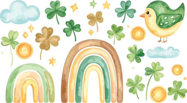 Watercolor St Patricks Day Vector Element Set with Green Rainbow, Shamrocks, Clover Leaves, Gold Coins, and Cute Bird for Irish Holiday Designs