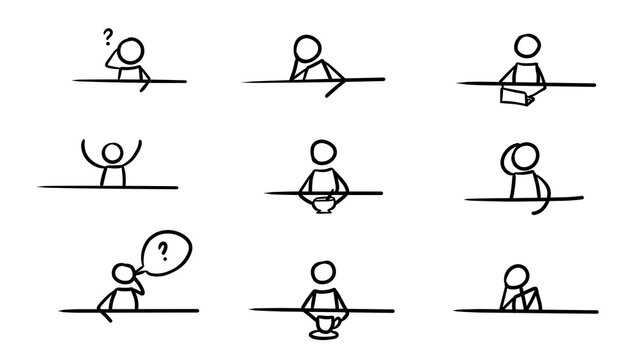 Hand drawn stick figures set. Doodle people illustrations showing various emotions, questions, and actions like thinking, sitting, happy, or asking behind a desk.