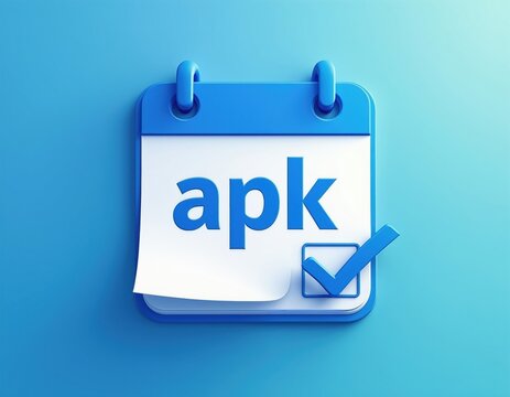 Blue calendar icon with apk text and a check mark. Indicates successful installation or completion of an app. Represents planning and confirmation.