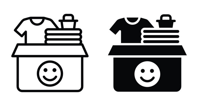 Donation box icon set with clothes shirt and smiley face symbol for charity social support community help and humanitarian aid
