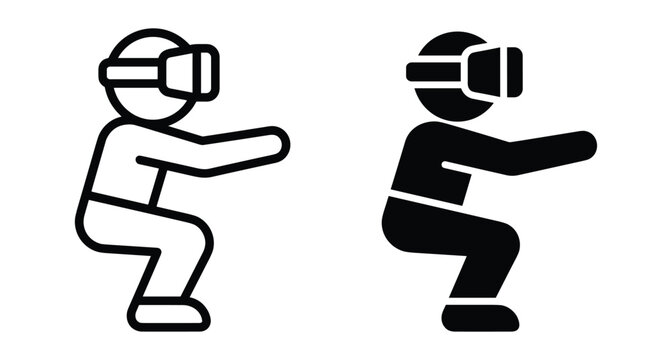 Stick figure wearing virtual reality headset performing squat exercise workout in VR simulation gaming icon set outline and solid style