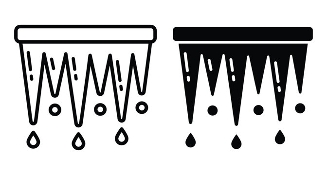 Icicle icons featuring melting water droplets in outline and solid black styles for winter weather cold temperature and freezing concepts