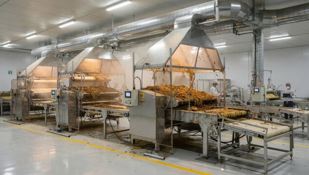 Dust extraction system operating alongside a tobacco leaf threshing line capturing airborne particles as lamina and stems are separated in a controlled clean industrial
