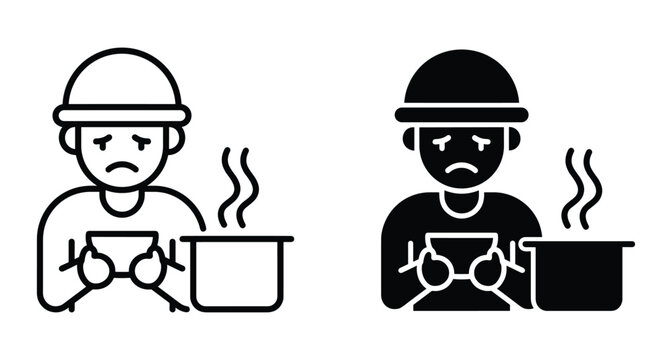 Sad hungry person holding empty bowl next to steaming pot icon set representing poverty homelessness hunger and social welfare issues