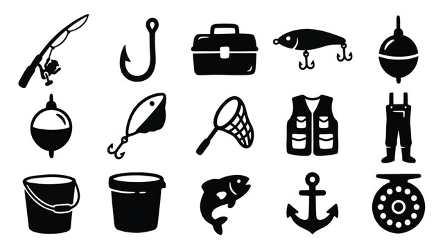 Fishing Gear Doodle Icon Set With Rod Hook And Tackle Box