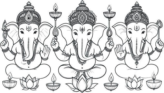 Hand Drawn Lord Ganesha Vector Border Set with Sketch Ganesh Idols, Lotus Flowers, and Oil Diya Lamps for Diwali Festival Graphic Designs