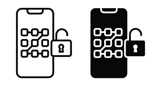 Smartphone pattern lock screen icon set with open padlock representing mobile security data protection privacy and authorized device access
