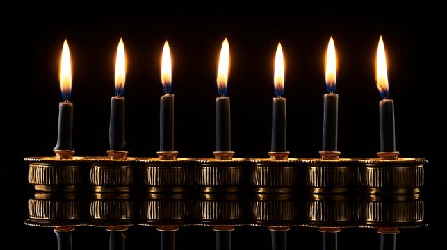 Close-up of lit birthday candles on a metallic candle holder in dark setting