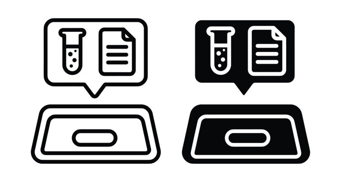 Laboratory test results icon set showing medical report document and chemical flask in speech bubble above digital scanner tray interface