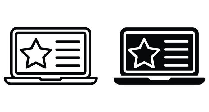 Laptop computer icon set with star rating and text lines representing online reviews feedback customer satisfaction ranking and digital testimonials