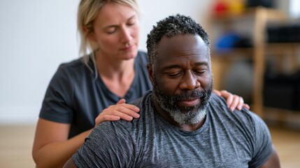 Fototapeta premium Sports physiotherapist assisting football player with stretching in training room