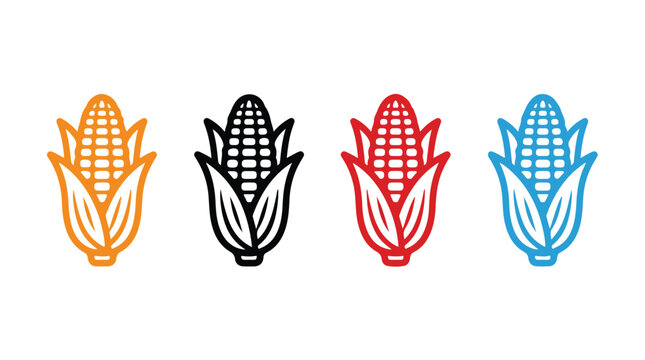 Corn Icons in Multiple Colors: A set of stylized corn on the cob icons, presented in orange, black, red, and blue, representing the versatile grain.