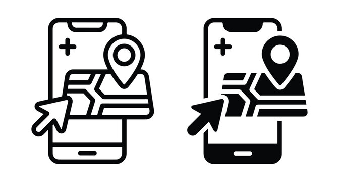 Smartphone mobile navigation map icon set with location pin pointer cursor arrow and plus symbol for travel tracking app interface
