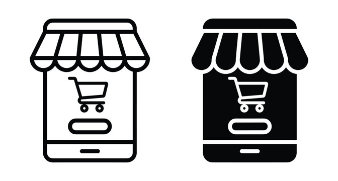 Online shopping mobile app icon set featuring smartphone with store awning and shopping cart symbol for digital commerce and retail