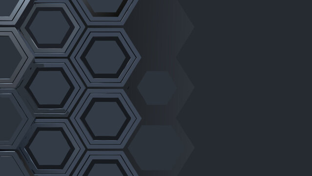 Dark gray hexagonal pattern with recessed cells a 3d rendering against a black background abstract cell