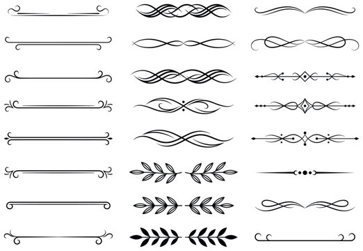 Set of elegant dividers and text separators with leaves and flourishes in black color.