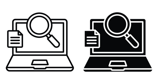 Laptop computer icon set with magnifying glass and document file for data search analysis digital investigation information scanning and web research
