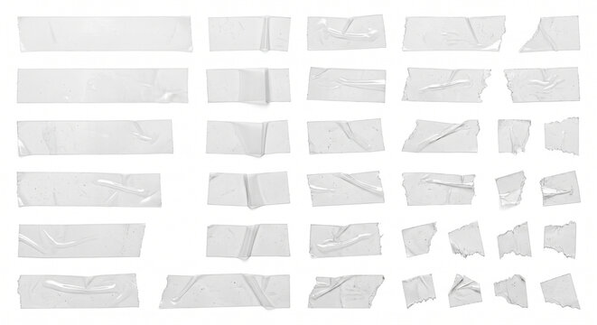 Collection of Transparent Adhesive Tape Strips and Torn Tape Pieces Isolated on White Background