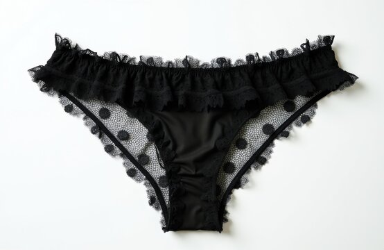 Black lace panties with polka dots and frills sit on a clean white surface. This delicate lingerie piece offers a touch of elegance and sensuality for fashion or intimate product shoots.