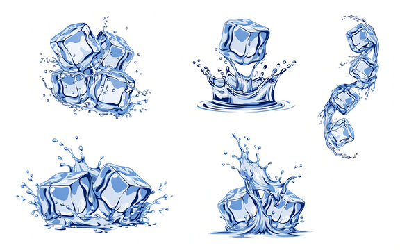 Collection of Ice Cubes with Water Splashes Isolated on White Background