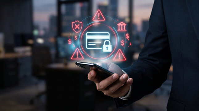 Businessman Using Smartphone with Digital Payment Security and Online Banking Fraud Protection Concept