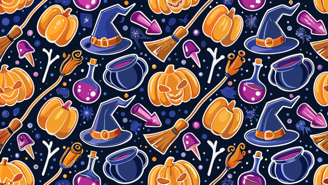 Halloween themed vector illustration featuring pumpkins witch hats brooms and potion bottles in a repeating pattern