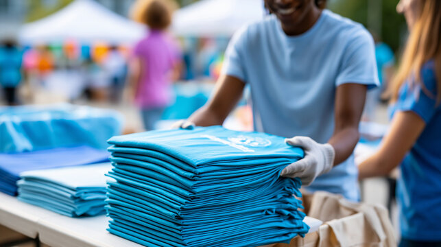 Faceless people preparing stacked T-shirts for sale at community charity event, volunteer fundraising concept, community giving photography, blurred event background, with copy