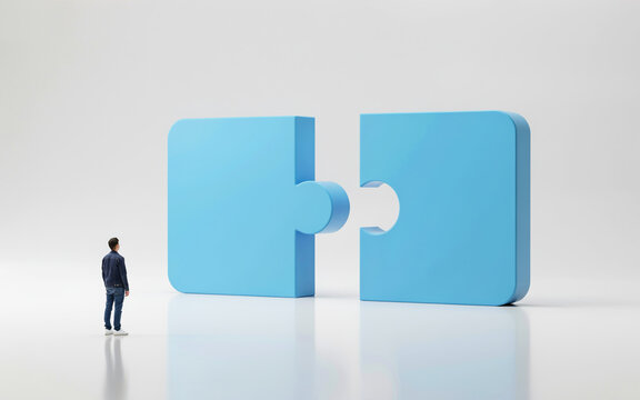 Businessman Facing Giant Puzzle Pieces Symbolizing Problem Solving Partnership and Strategic Connection