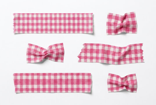 Set of Pink Gingham Fabric Ribbon Strips and Decorative Bows Isolated on White Background