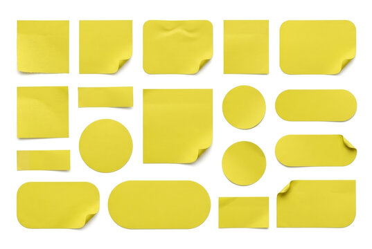 Collection of Yellow Blank Sticky Notes and Memo Labels with Various Shapes Isolated on White Background
