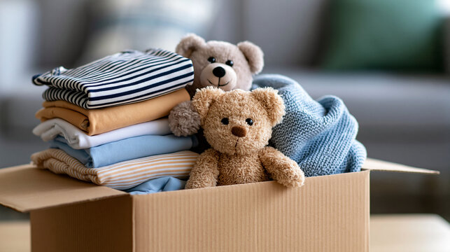 Open cardboard box neatly packed with baby clothes and plush toys symbolizing care and charity for children, baby donation concept, community giving photography, blurred neutral