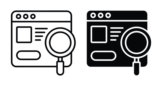 Web browser window search icon set with magnifying glass for internet browsing data analysis website optimization and digital marketing research