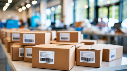 Multiple sealed and labeled humanitarian aid boxes organized in neat rows on facility floor awaiting transport, aid organization concept, volunteer photography, blurred facility