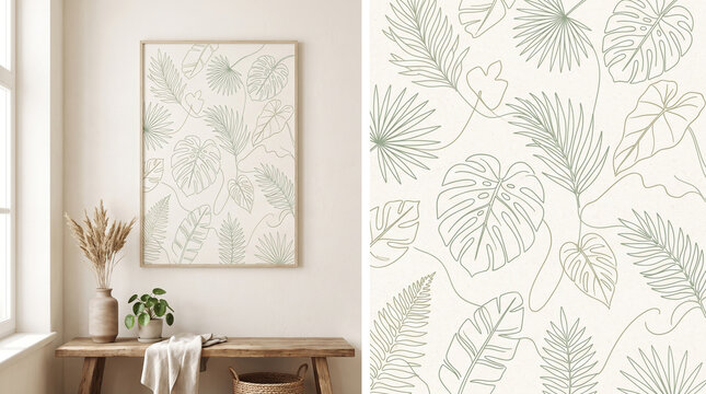 Modern interior poster mockup with green tropical leaf frame and line art pattern