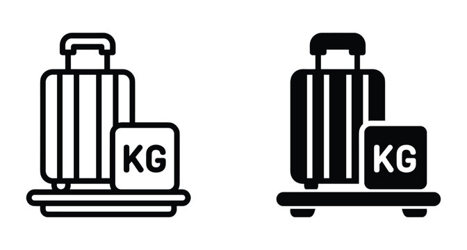 Luggage weight scale icon set showing suitcase on weighing machine with kilogram kg text for airport travel check in baggage limit