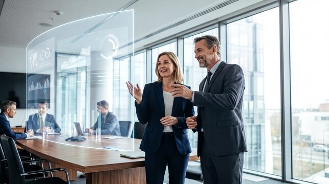 corporate leadership, two confident senior executives engaging an audience in a sleek boardroom