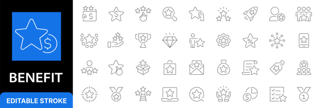 Customer benefit and loyalty program line icon set. Bonus rewards, VIP privilege, discount coupon, business return on investment and premium quality outline symbols. Editable stroke.