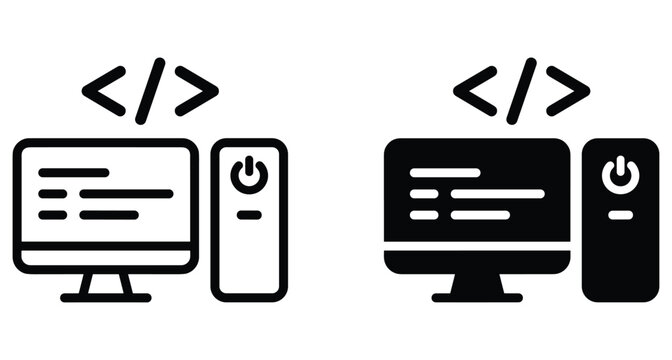 Computer programming icon set featuring desktop monitor with code symbols and system unit with power button for software development projects
