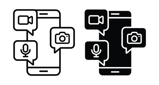 Smartphone mobile app interface icons for multimedia communication including video call recording microphone and camera photography in outline and solid styles