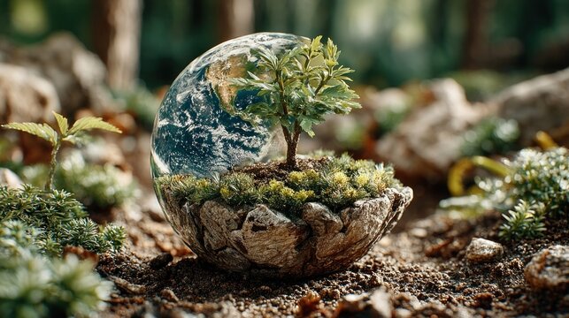 Miniature Earth planted in soil with sprouting green plant, ecological awareness and sustainable future concept