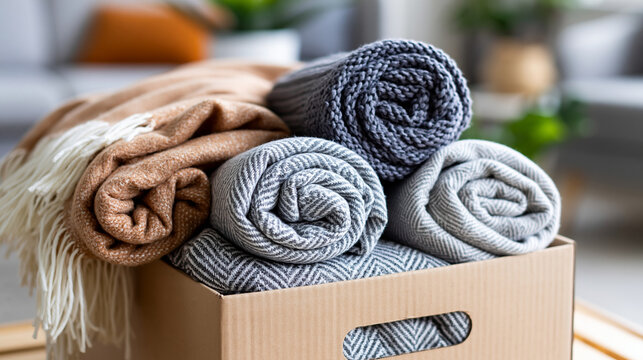 Warm blankets folded and rolled in cardboard box symbolizing comfort and humanitarian support for refugees and displaced people, refugee aid concept, charity photography, blurred
