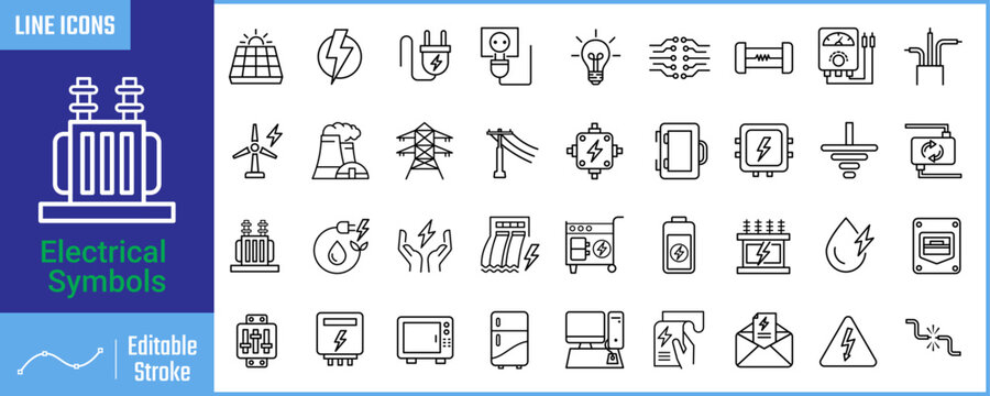 Electricity line icon set. Power supply, electric, electricity icon, electrical engineering, electrician. Vector Illustration. 