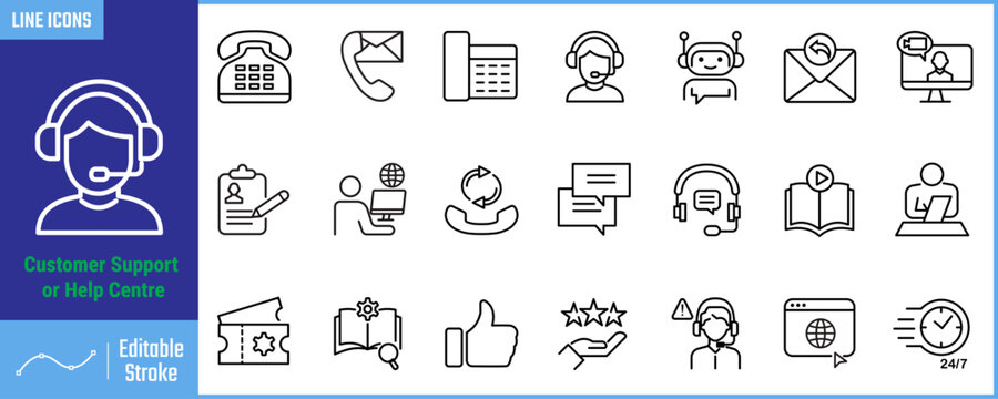Customer support line icon set. Help center, call center, technical support. Vector illustration. Live chat, customer service, live chat, help desk, chatbot, online support.