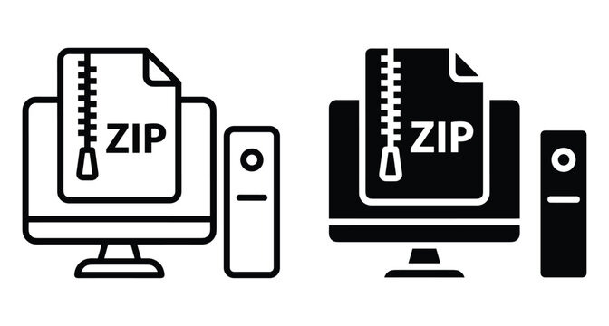 ZIP file compression icon on computer monitor and desktop PC tower in outline and solid glyph styles for digital storage management