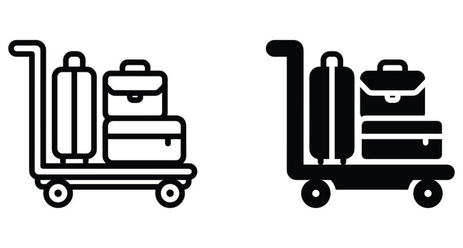 Airport luggage trolley icon set with suitcases and bags for travel transportation tourism terminal services hotel porter equipment and baggage handling