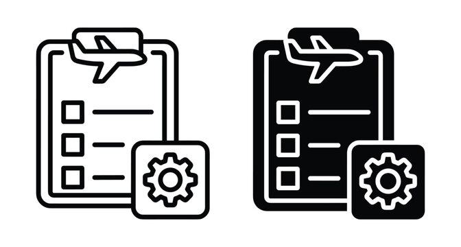 Airplane maintenance checklist icon set with clipboard gear and flight plan symbols for aviation service management and technical travel logistics operations