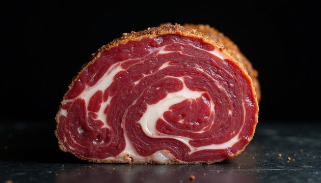 Capicola cured meat closeup cross section. Red pork muscle and white fat marbling creates abstract pattern. Italian charcuterie texture for food background.